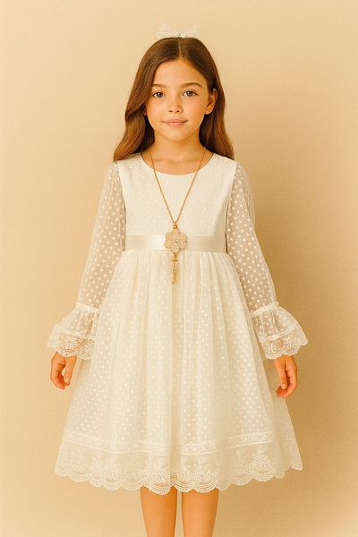 Minigimin Cicileri Little Girl's Polka Dot Detailed Girl's Dress with Lacing - White
