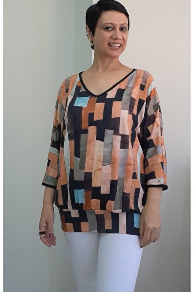 Mertcan Butik V-Neck Black Blue Orange Multi Color Bat Three Quarter Sleeve Combed Viscose T-Shirt