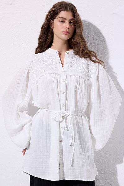 Manuka MUSLIN EMBROIDERED SHIRT Ecru