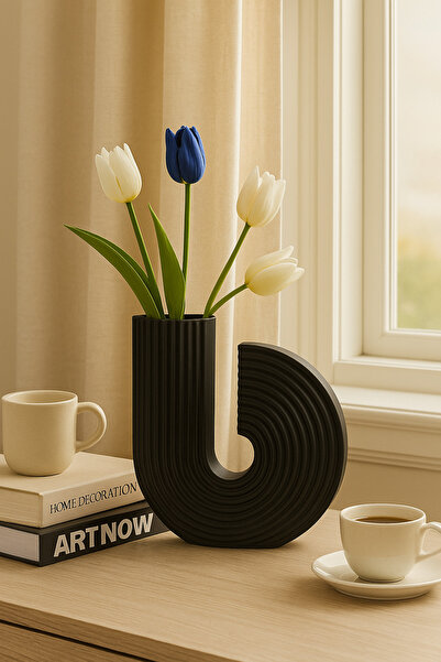 Living مزهرية سيراميك مضلعة بوهيمية - ارتفاع 25 سم، لون أسود