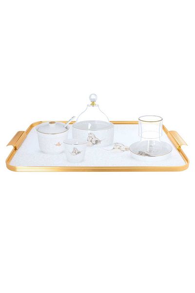 Alsaif Gallery Porcelain + Glass Tea Serving Set Al Saif Gallery, 29 Pieces, Bird Pattern - White