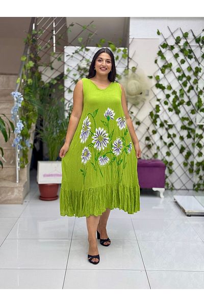Punta Otantik Vl3040 Sleeveless Floral Printed Voile Dress Green