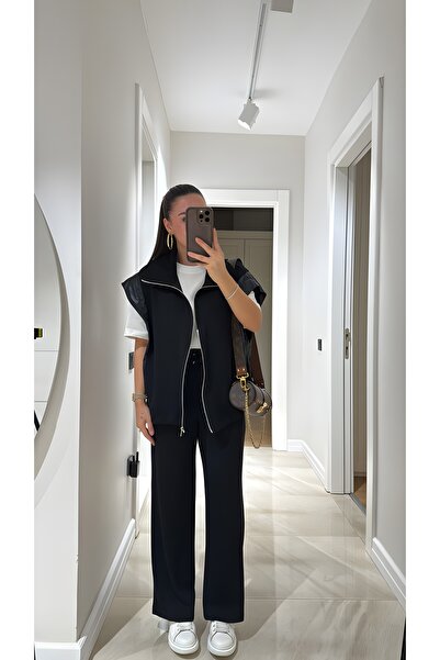 TLG GİYİM Kadın Yelek Pantolon Takım Bel Lastikli Fermuarlı Yelek Şık Alt-Üst Takım