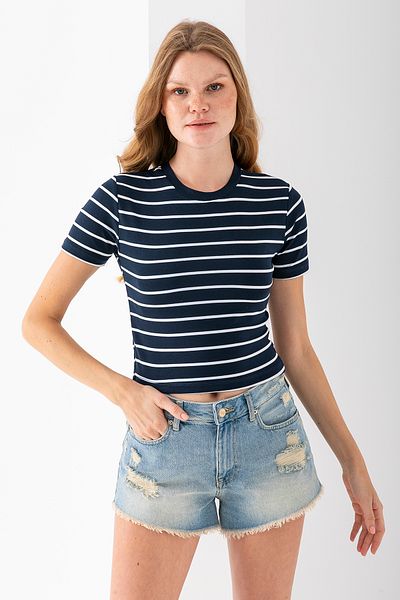 GİYSA Women's Crew Neck Striped Cotton Crop T-Shirt Navy Blue White - 25512