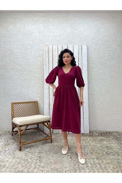 KÜÇÜĞÜM BUTİK Burgundy V-Neck Muslin Dress