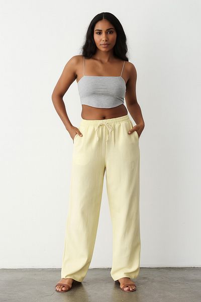 My Blog Yellow 100% Cotton Linen Straight Trousers with Elastic Waist