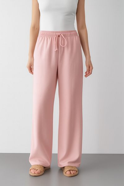 My Blog Pink 100% Cotton Linen Straight Trousers with Elastic Waist