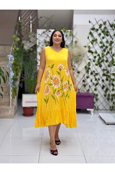 Punta Otantik Vl3040 Sleeveless Floral Printed Voile Dress Yellow