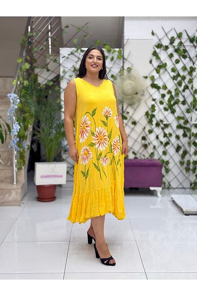 Punta Otantik Vl3040 Sleeveless Floral Printed Voile Dress Yellow