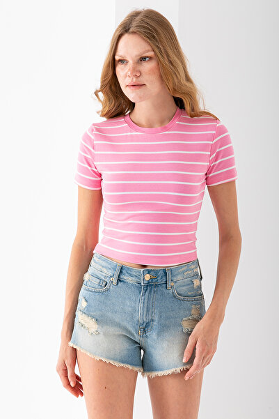 GİYSA Γυναικείο μπλουζάκι με ριγέ βαμβακερό λαιμόκοψη ροζ λευκό - 25512