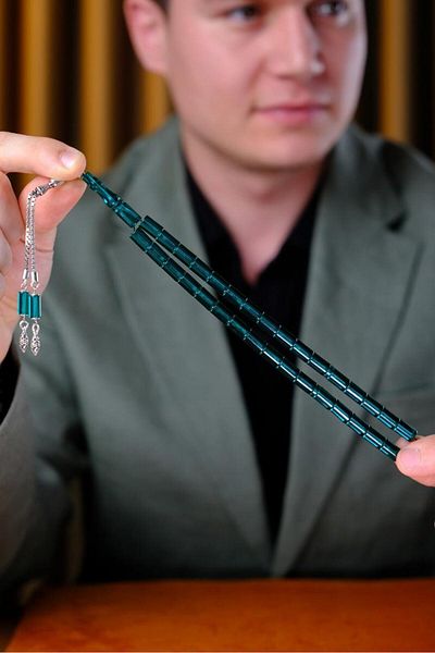 dergah tesbih Silver Design Fire-I Crimping Amber Water Green Cut-Me Prayer Beads