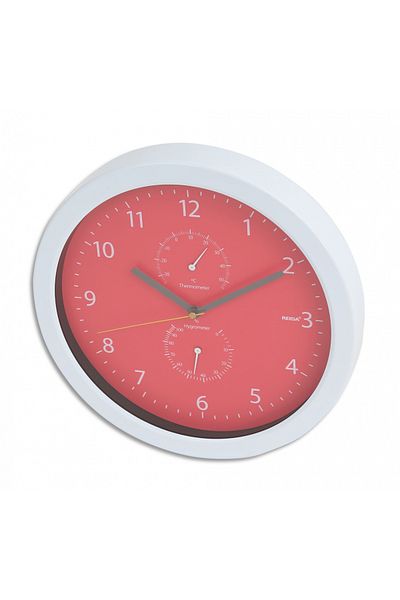 Platinet Platinet PZSRC Wall Clock with Thermometer and Hygrometer, Metal Wall Clock, Red, 25.5cm