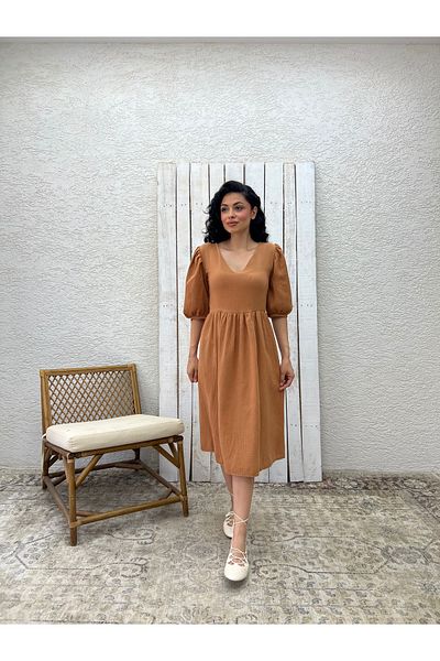 KÜÇÜĞÜM BUTİK Camel V-Neck Muslin Dress