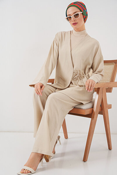 Bigdart Kadın Kruvaze Yaka Kimono Alt Üst Takım 6743 - Bej