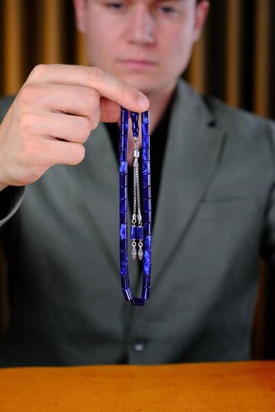 dergah tesbih تصميم فضي Fire-i Crimp Amber Navy Blue Moire Cut-me Tesbih