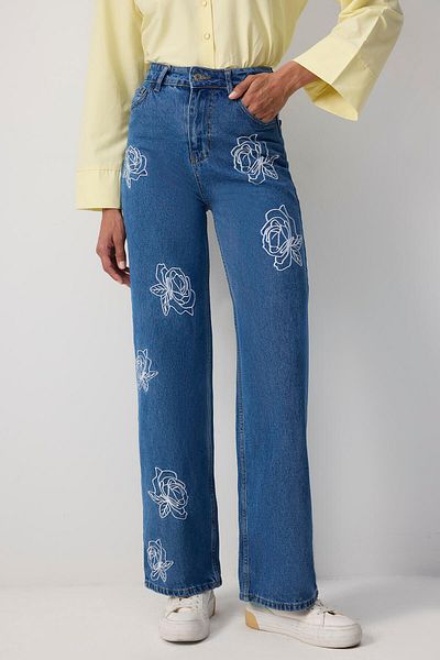 Touché Privé PANTALONI DE DENIM CU EMBROIDERY ROSE