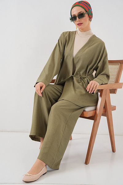 Bigdart Women's Double Breasted Collar Kimono Bottom Top Set 6743 - Khaki