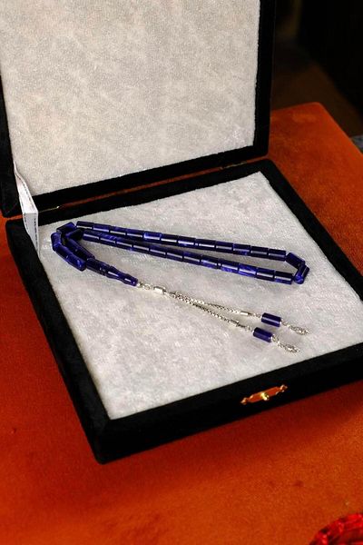 dergah tesbih Silver Design Fire-I Crimping Amber Navy Blue Moire Cut Prayer Beads