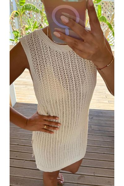 Sezgi Tekin Slit Detail Openwork Ecru Knitwear Dress