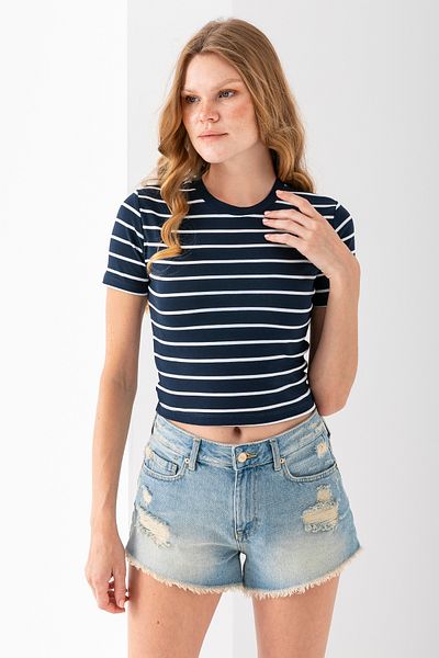 GİYSA Women's Crew Neck Striped Cotton Crop T-Shirt Navy Blue White - 25512