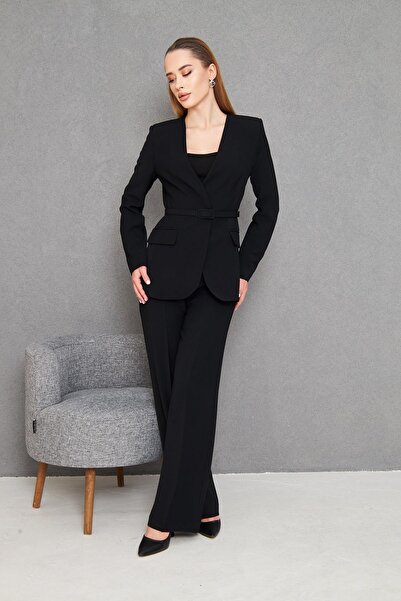 LOVELF Kemerli V Yaka Takım Siyah