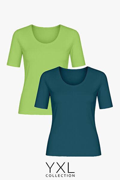 YXL COLLECTION Γυναικεία μπλούζα μεγάλου μεγέθους 2 πακέτο πράσινο-βενζίνη βισκόζη Lycra Basic T-shirt Βαμβακερή μπλούζα