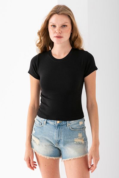 GİYSA Women's Crew Neck Cotton Basic Body Black - 25873