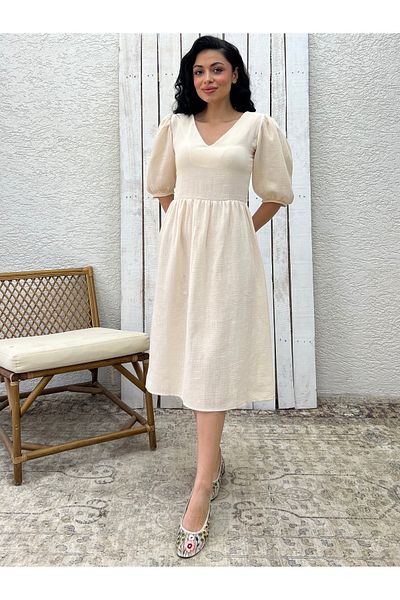 KÜÇÜĞÜM BUTİK Cream V-Neck Muslin Dress