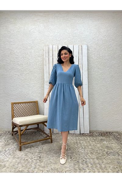 KÜÇÜĞÜM BUTİK Indigo Blue V-Neck Muslin Dress
