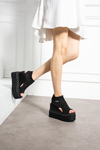 Modanizm Fira Black Wedge Heeled Sandals