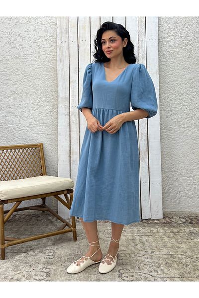 KÜÇÜĞÜM BUTİK Indigo Blue V-Neck Muslin Dress