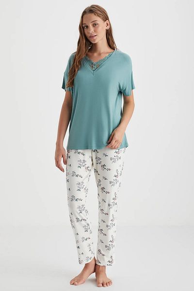 Catherine's Women's Green Lace Collar Pajamas Set – Viscose, Short Sleeve, Summer C9T0N72