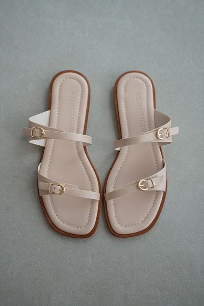 selinshoes Lesya Double Striped Buckle Women's Slippers - Beige