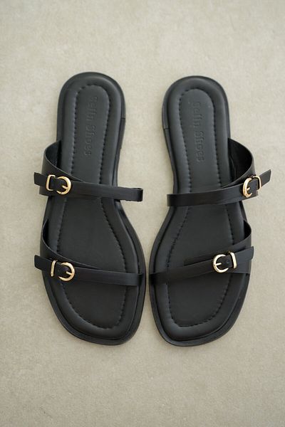 selinshoes Lesya Double Striped Buckle Women's Slippers - Black
