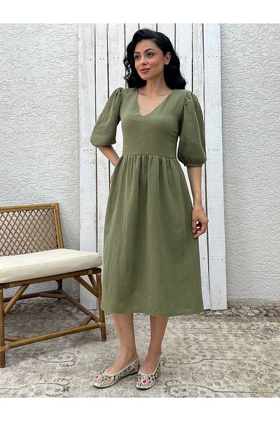 KÜÇÜĞÜM BUTİK Khaki Green V-Neck Muslin Dress