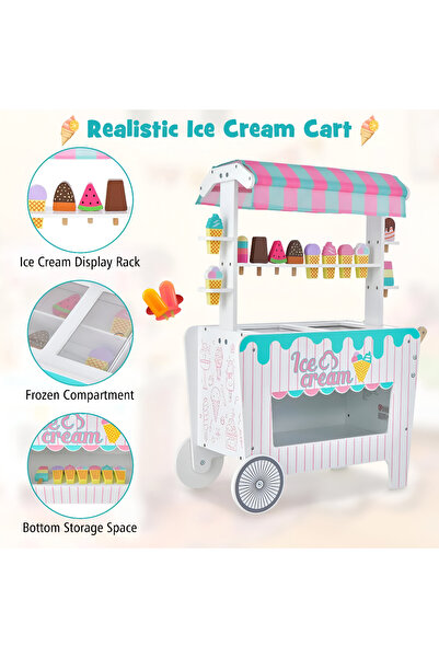 rexa عربة آيس كريم خشبية للأطفال، صندوق طعام تظاهري، رف عرض ألعاب 34 × 25 × 18 سم