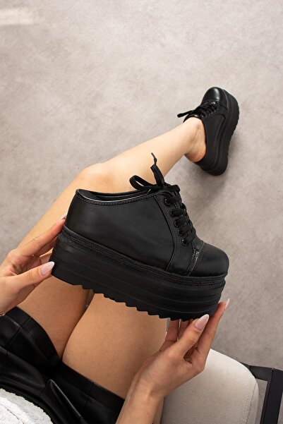 Modanizm Eloise Black Wedge Heeled Slippers