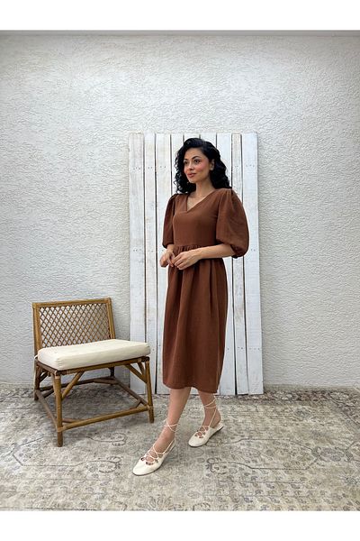 KÜÇÜĞÜM BUTİK Brown V-Neck Muslin Dress