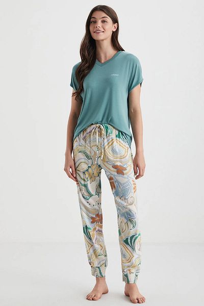 Catherine's Women's Ankle Elastic Pajamas Set – Patterned Trousers, Viscose Short Sleeve Top C9T1N72