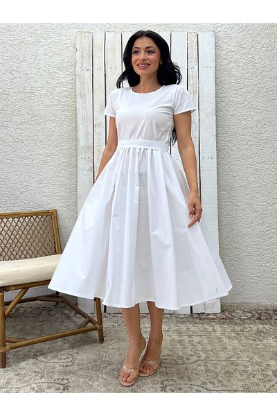 KÜÇÜĞÜM BUTİK Crew Neck White Poplin Flared Gathered Dress