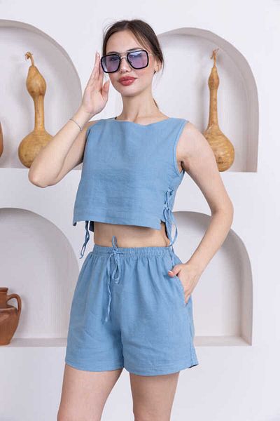 MOSRANİC Women's Blue 100% Linen Shorts Pants Blouse 3 Piece Set Msc244