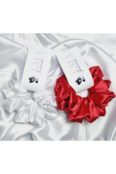 Alma Set 2 Hair Elastics XL from Smooth Satin, Red and White