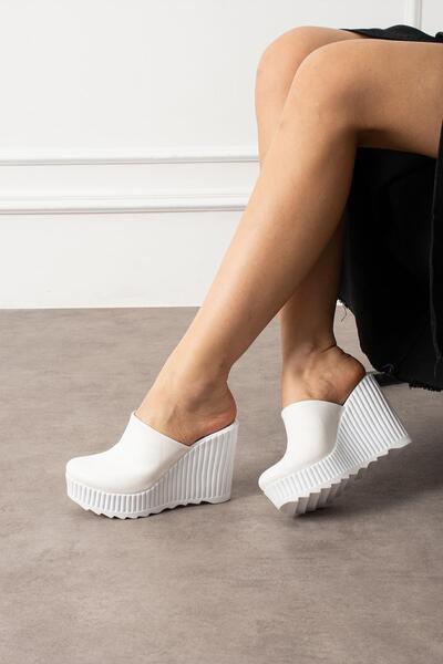 Modanizm Loliax -White Wedge Heeled Slippers