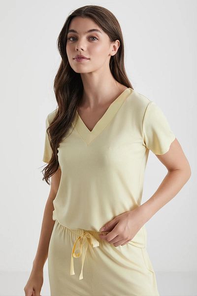 Catherine's Women's Yellow Viscose Pajamas Set – V-Neck, Short Sleeve, Solid Color C6T4N32