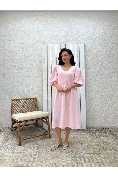 KÜÇÜĞÜM BUTİK Powder V-Neck Muslin Dress