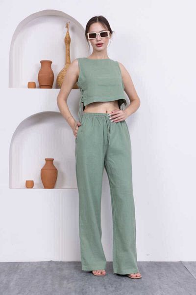 MOSRANİC Women's Khaki Green 100% Linen Shorts Pants Blouse 3 Piece Set Msc244
