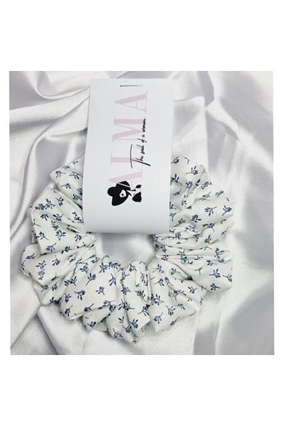 Alma Hair elastic made of cotton, gentle on the hair, White with blue flowers