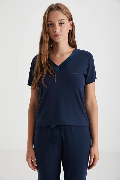Catherine's Navy Blue Women's Summer Pajama Set – Short Sleeve, Viscose, Comfortable Fit C6T4N32