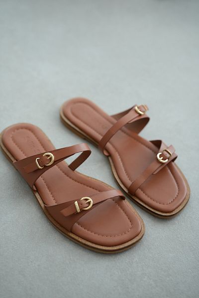 selinshoes Lesya Double Striped Buckle Women's Slippers - Taba