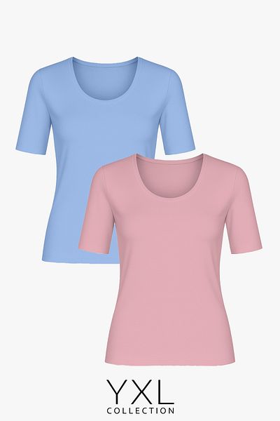 YXL COLLECTION Women's Plus Size 2 Pack Pink-Blue Viscose Lycra Basic T-Shirt Combed Cotton Blouse